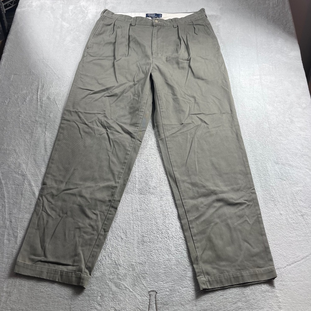 Polo Ralph Lauren Andrew Pant Mens 36x32 Olive Green Pleated Cotton Chino